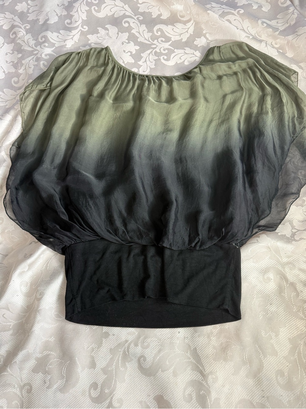 Giusy Made in Italy Silk Olive to Black Ombre Blouse Sheer Overlay Jersey Lined - Picture 7 of 13